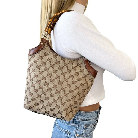 Gucci Handbags - GUCCI Vintage GG Monogram Bamboo Tote Bag Canvas Beige Brown Gold [105544]